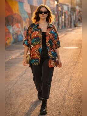 Vintage 100% Silk Abstract Print Button Up Blouse Ivy Club Classics Colorful Top